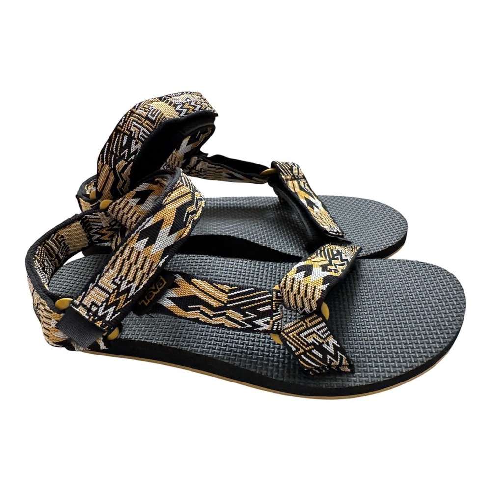 TEVA Women's Black Yellow White Original Single Strap Boomerang Sandals-Size 7